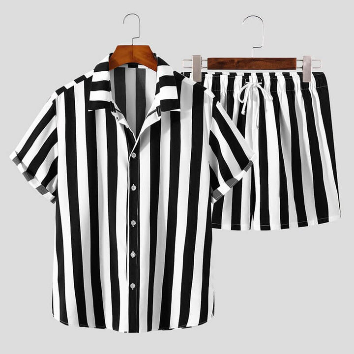 Blue and white striped casual men's summer loungewear set, including a button-up shirt and shorts