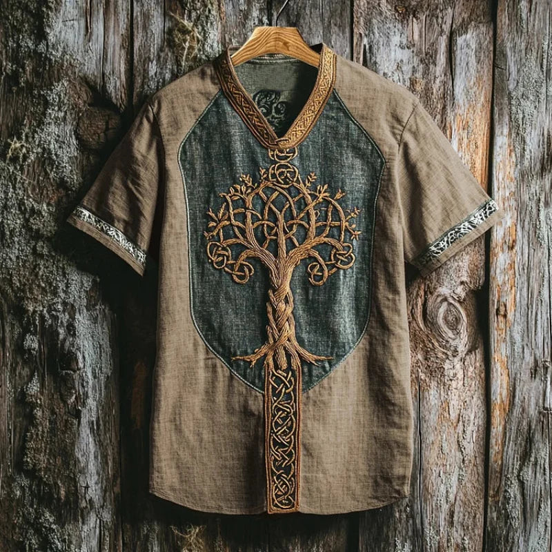 Men's Yggdrasil embroidered casual shirt with detailed mythical tree design, long sleeve button-down.