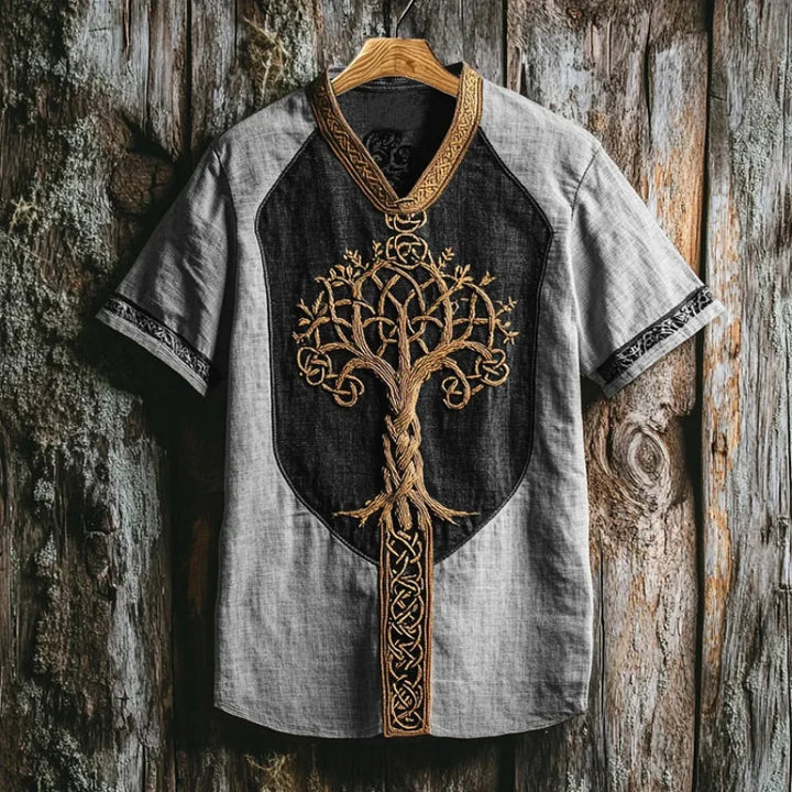 Comfortable men's long sleeve casual shirt featuring unique Yggdrasil embroidery, perfect for everyday heritage style.