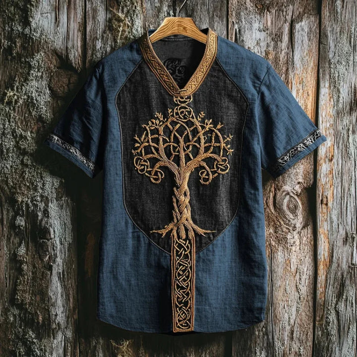 Unique Yggdrasil embroidered men's button-down shirt. Stylish, casual, and comfortable for modern fashion.