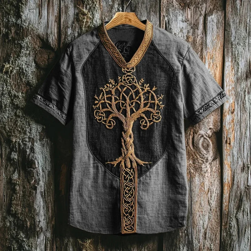 Men's heritage style shirt with intricate Celtic Yggdrasil tree embroidery, a comfortable long sleeve casual top.