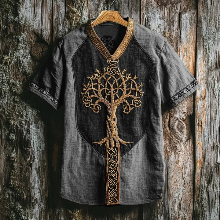 Men's heritage style shirt with intricate Celtic Yggdrasil tree embroidery, a comfortable long sleeve casual top.