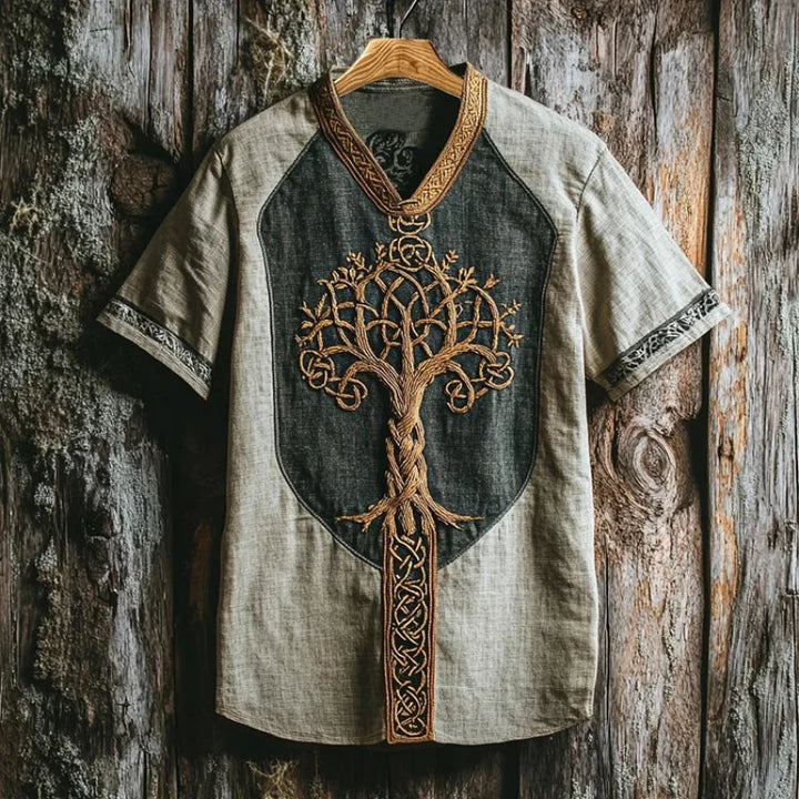 Men's embroidered casual shirt, featuring a prominent Yggdrasil tree design, comfortable button-down for everyday wear.