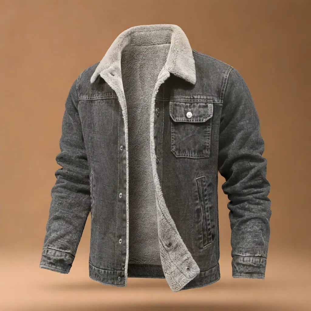 Classic gray Men's Yukon Trucker Jacket, warm fall fashion, comfortable casual wear for men.