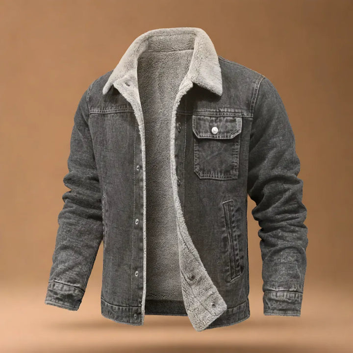 Classic gray Men's Yukon Trucker Jacket, warm fall fashion, comfortable casual wear for men.