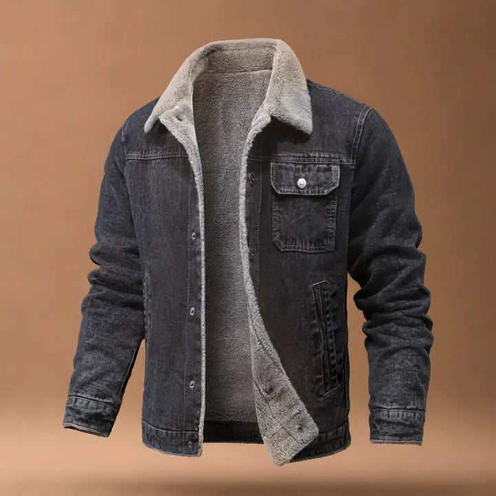 Man wearing classic Men's Yukon Trucker Jacket, front view, perfect fall fashion & casual outerwear.