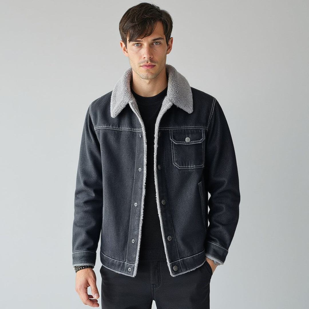 Back view of man in Men's Yukon Trucker Jacket, showcasing versatile casual outerwear style.