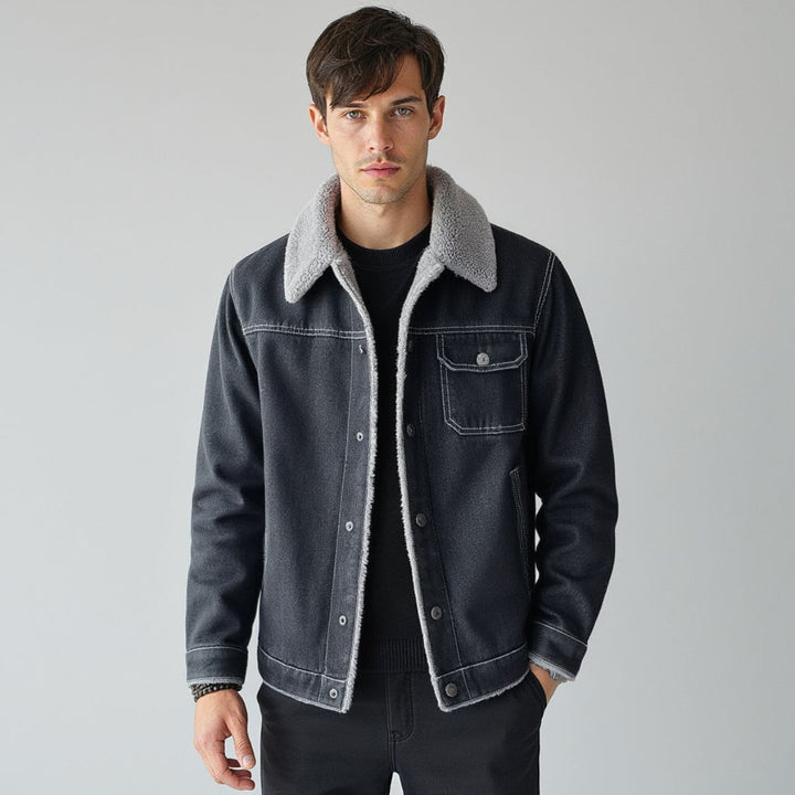 Back view of man in Men's Yukon Trucker Jacket, showcasing versatile casual outerwear style.