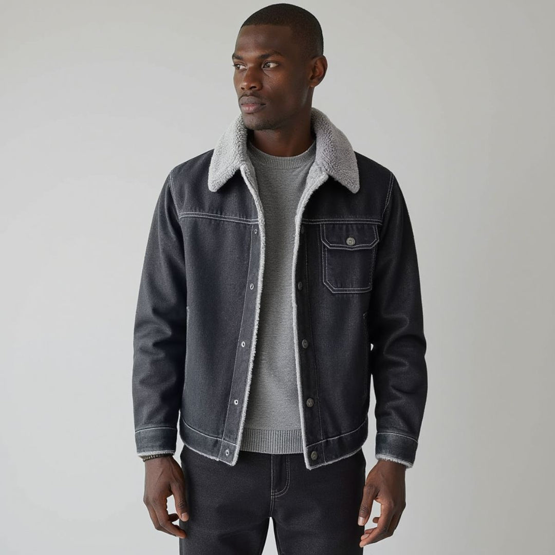 Profile of man wearing stylish Men's Yukon Trucker Jacket, ideal fall/winter layer & outerwear.
