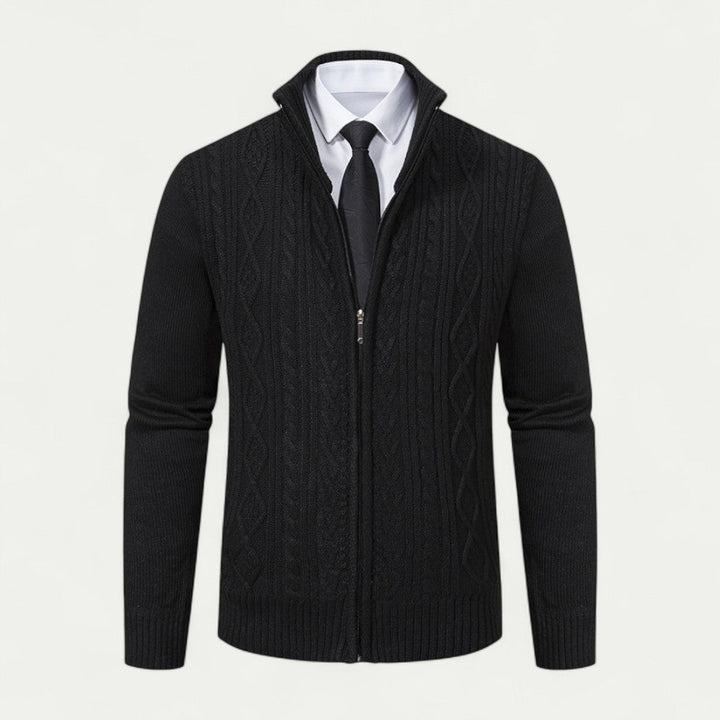 Stylish men's zip cardigan. Versatile layering for smart casual outfits, modern men's fashion staple.