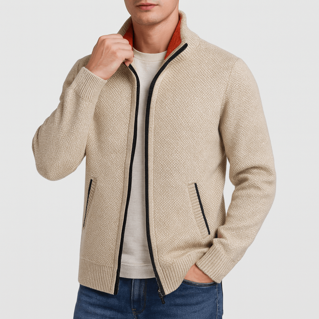 Men's zip collar cardigan in dark knitwear, perfect for autumn winter layering and smart casual fashion.