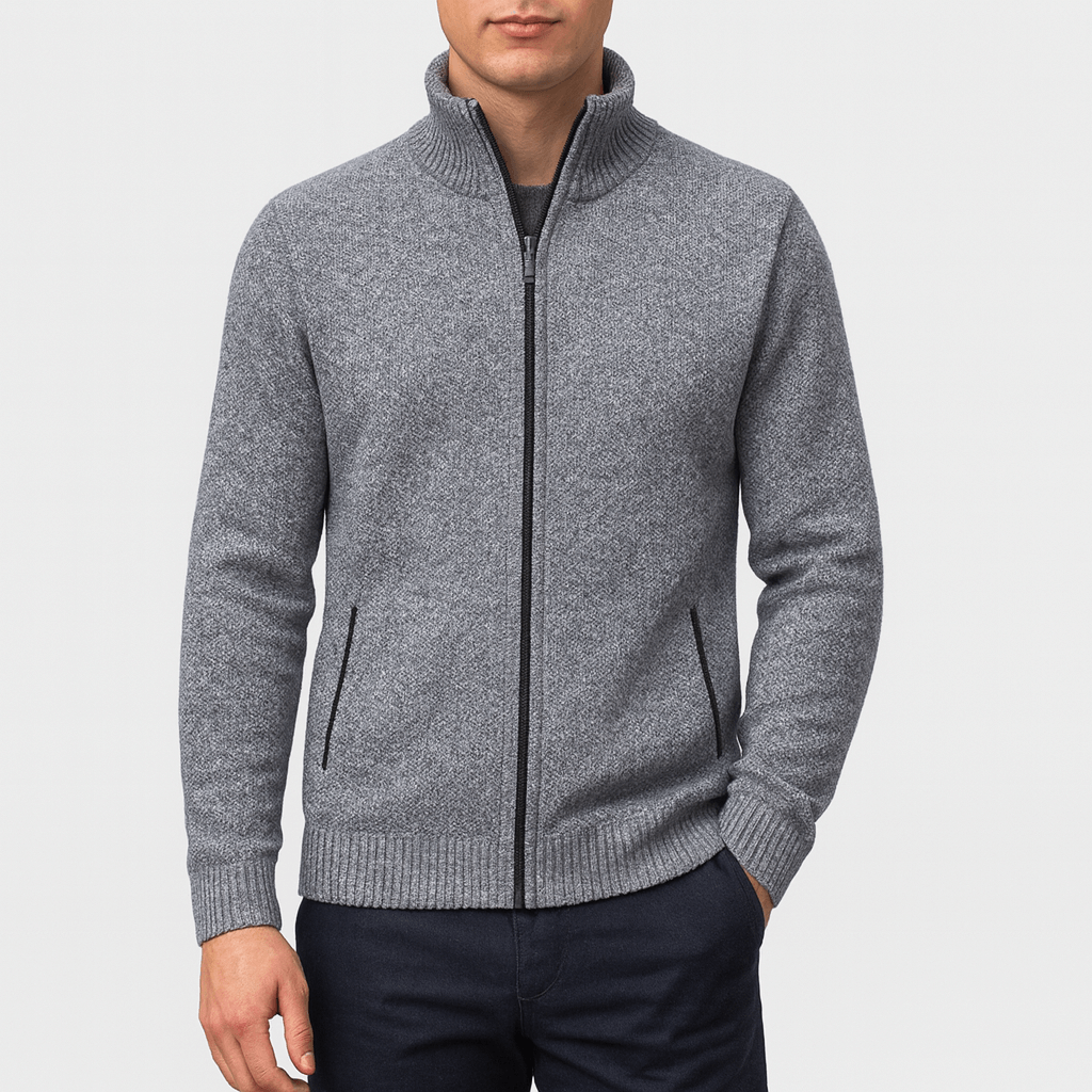 Stylish men's zip-up knit cardigan, ideal for business casual or smart casual autumn winter outfits.