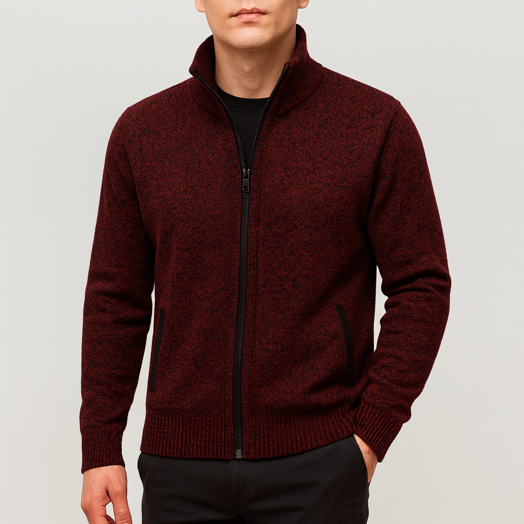 Cozy men's long sleeve zip collar knitwear sweater, offering refined warmth for cool weather layering.