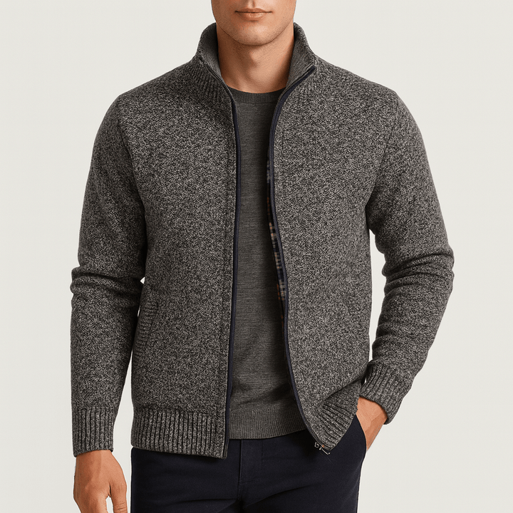 Mens zip collar cardigan sweater in a versatile knit, great for layering and effortless casual style.