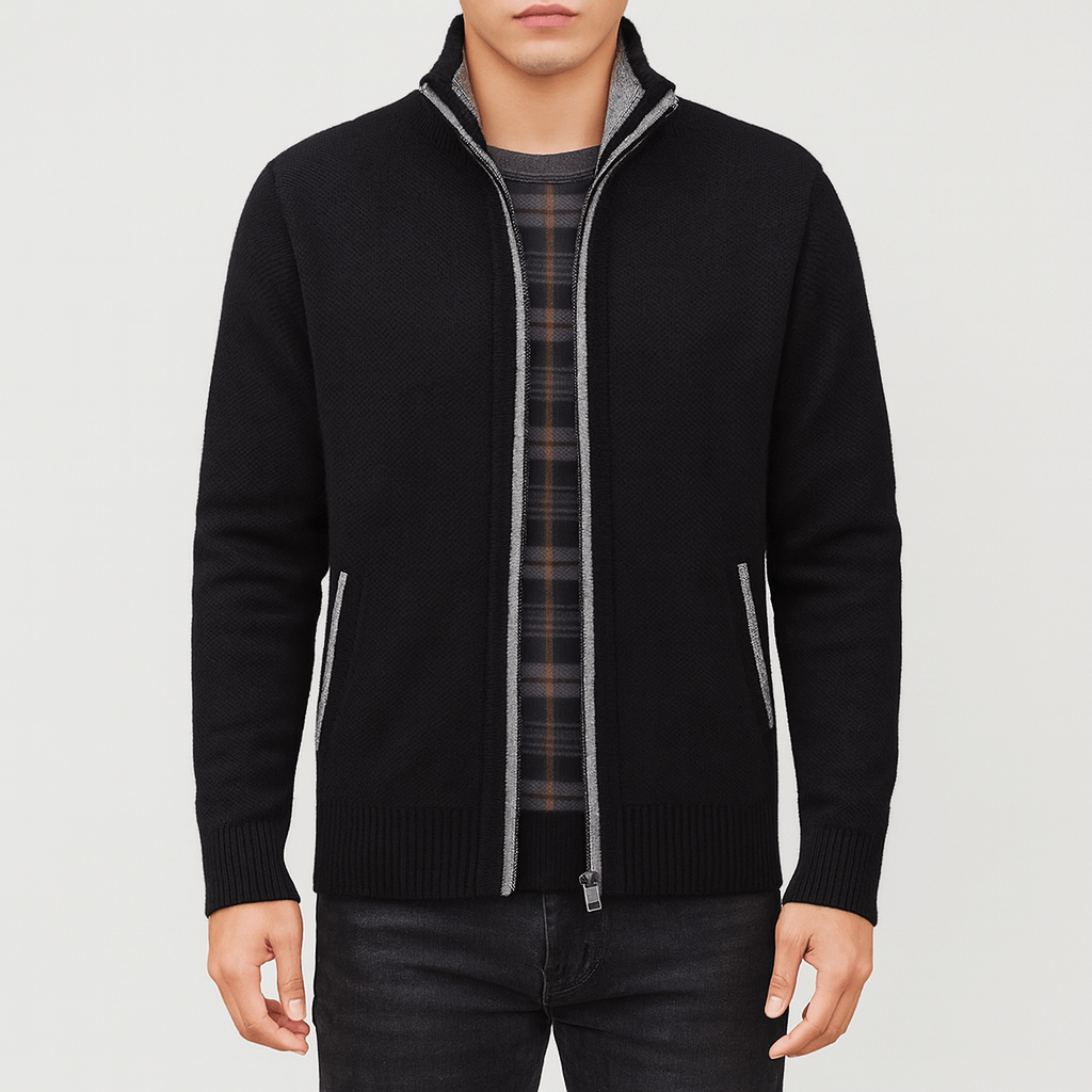 Refined men's zip-up cardigan, a long sleeve knit sweater for versatile smart casual autumn winter fashion.
