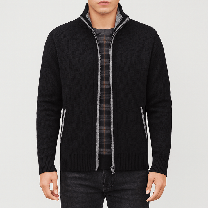 Refined men's zip-up cardigan, a long sleeve knit sweater for versatile smart casual autumn winter fashion.