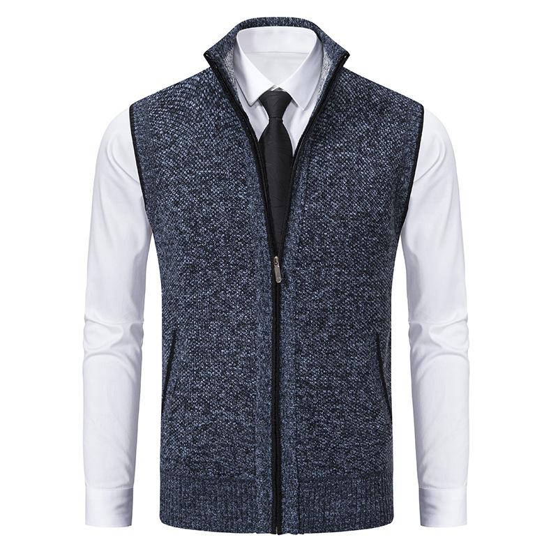 Cozy men's mock neck knit vest with full zip-front, ideal for smart-casual autumn outfits & comfort.
