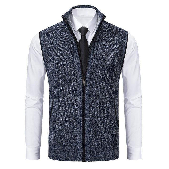 Cozy men's mock neck knit vest with full zip-front, ideal for smart-casual autumn outfits & comfort.