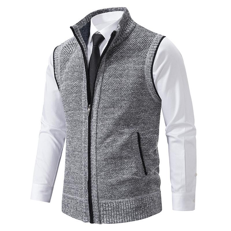Warm men's knit sweater vest, full zip and mock neck design for comfortable autumn and winter layering.