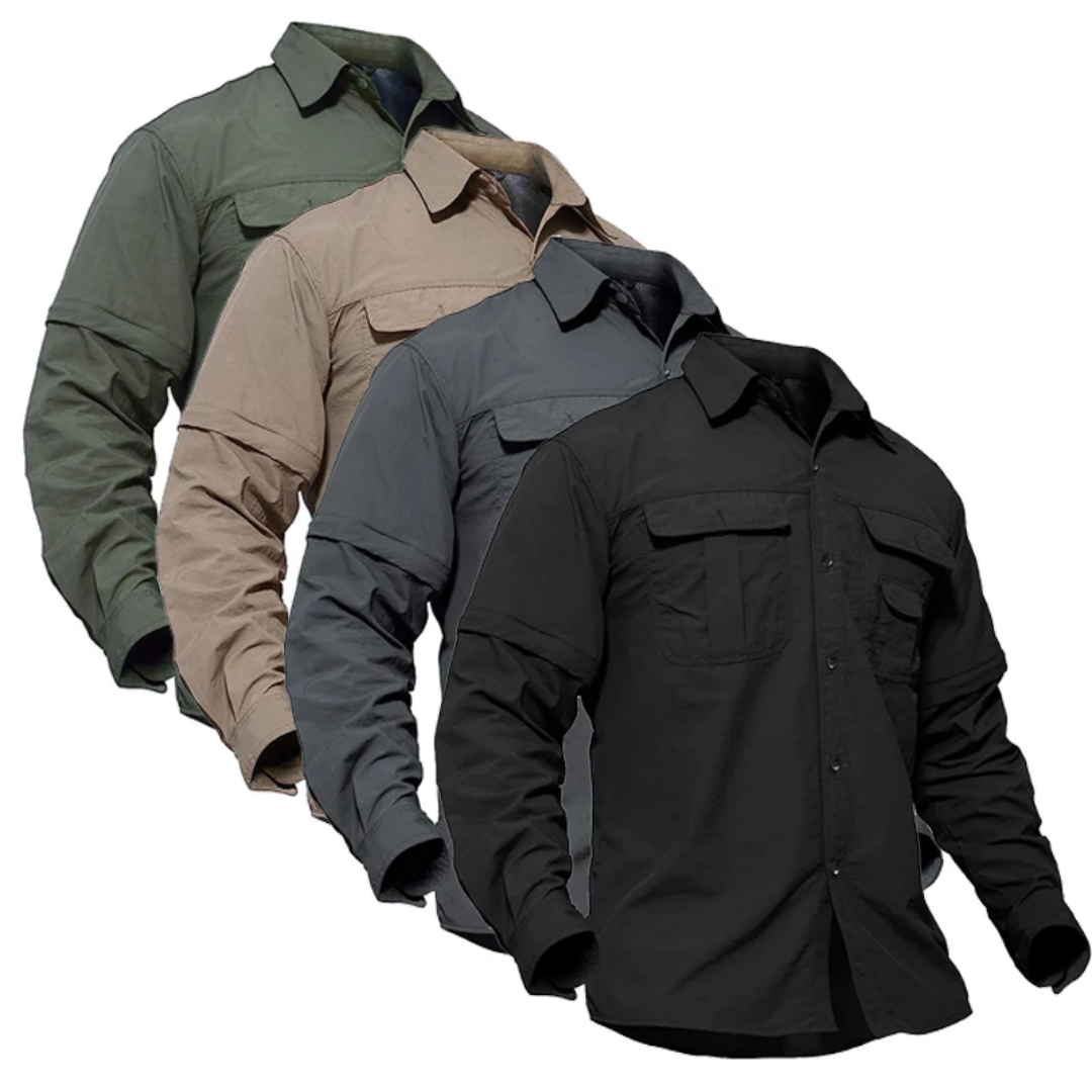 Men's zip-off hiking shirt. Convertible long/short sleeve, quick-dry, sun protective adventure gear.