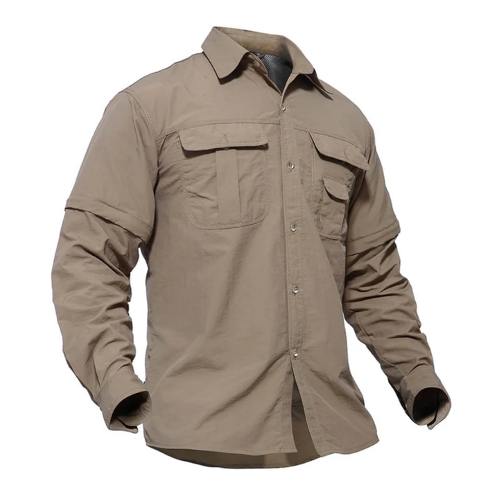 Versatile men's outdoor zip-off shirt for hiking & trekking. Sun protective, quick-dry camping apparel.