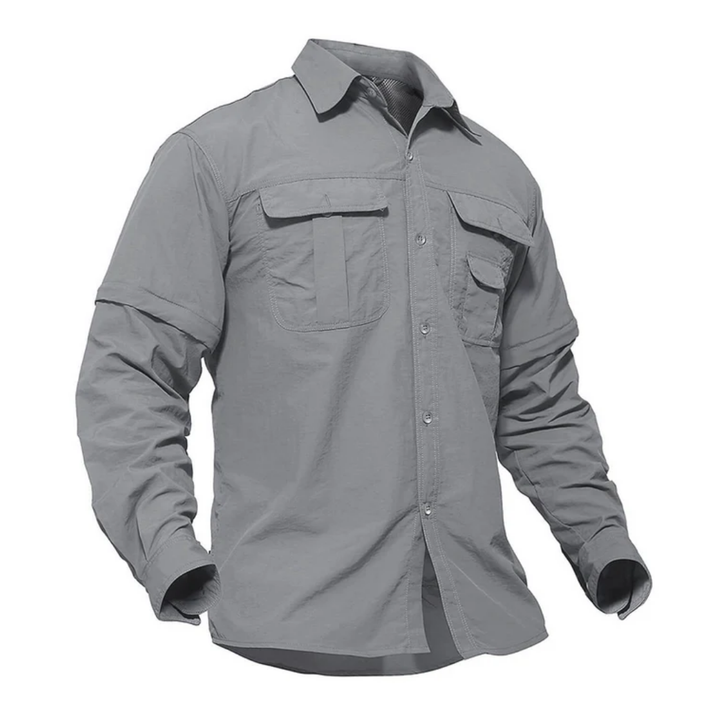 Men's adventure gear: zip-off hiking shirt with sun protection. Quick-dry & versatile for outdoor travel.