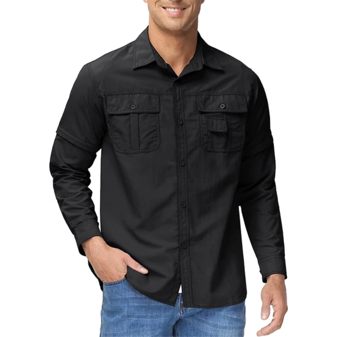 Ultimate men's adventure zip-off hiking shirt. Quick-dry, sun protective & versatile for trekking & camping.