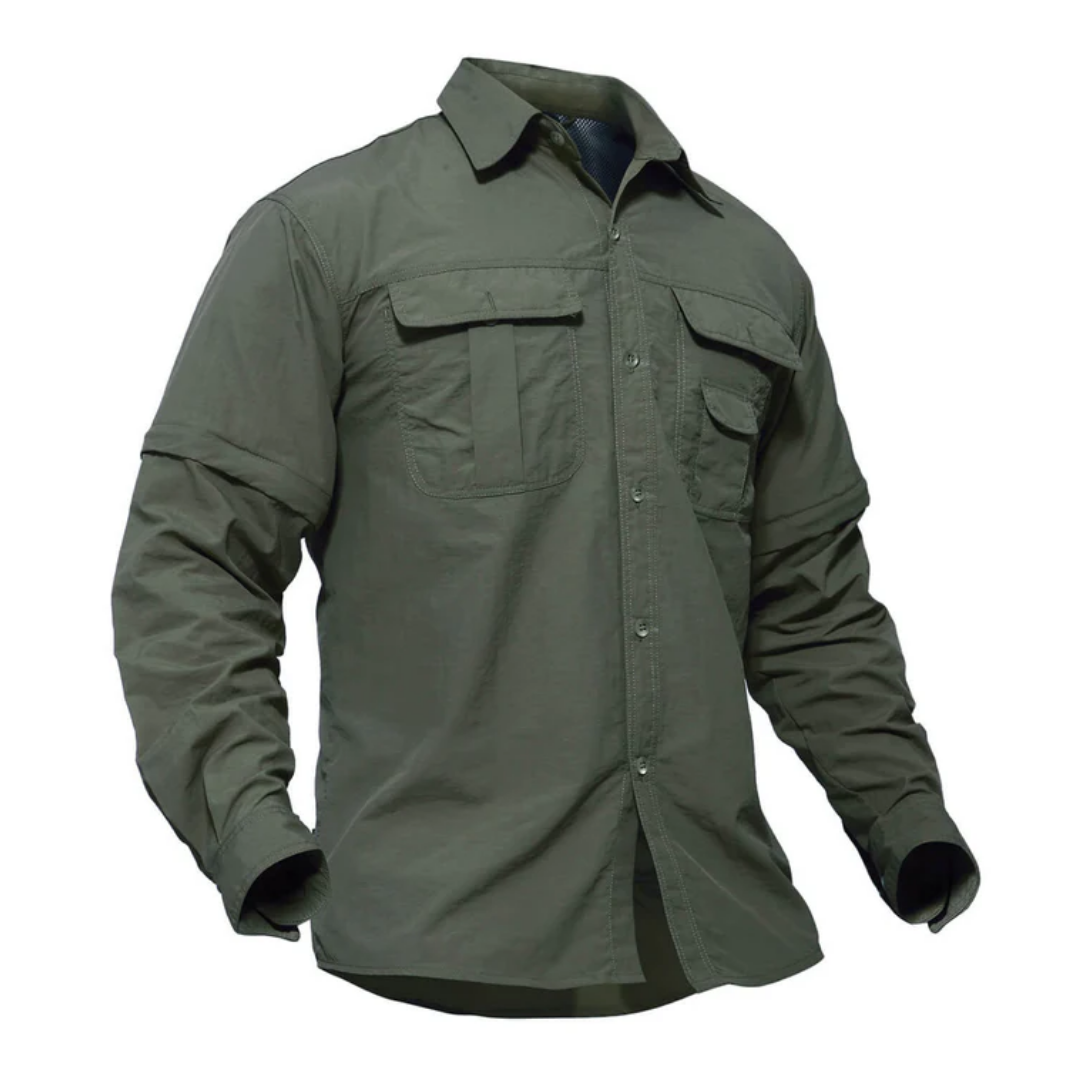 Men's quick-dry zip-off outdoor shirt for hiking & camping. Sun protective, versatile adventure apparel.