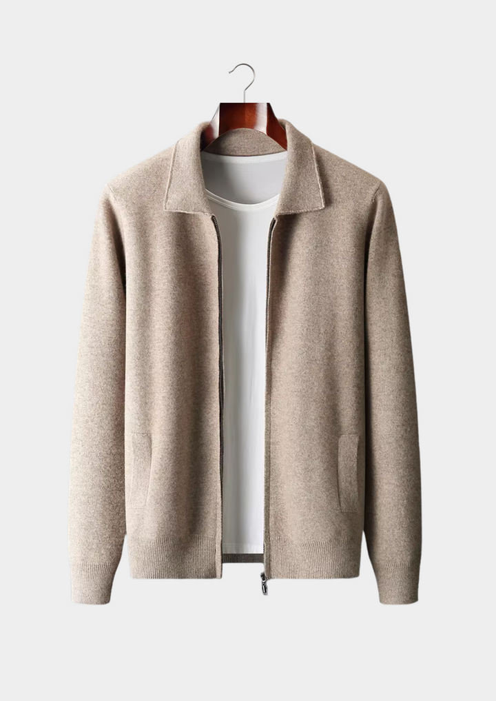 Men's zip-up cardigan sweater. Versatile smart casual layering for all seasons.
