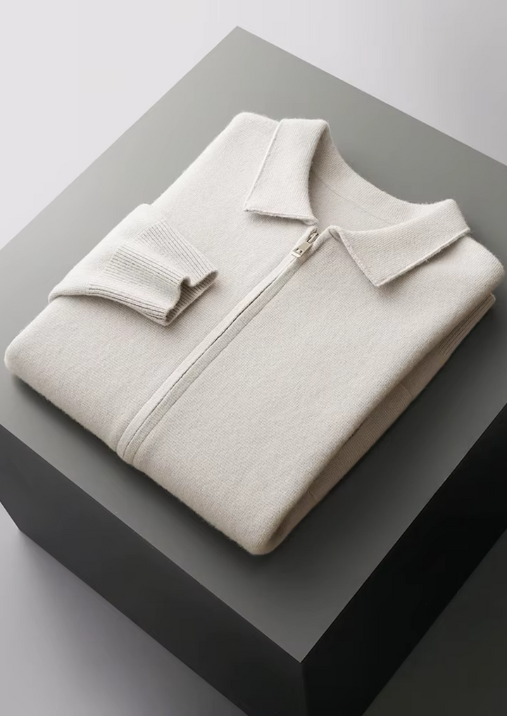 Versatile men's zip-up cardigan sweater. Smart casual and business casual outerwear layer.