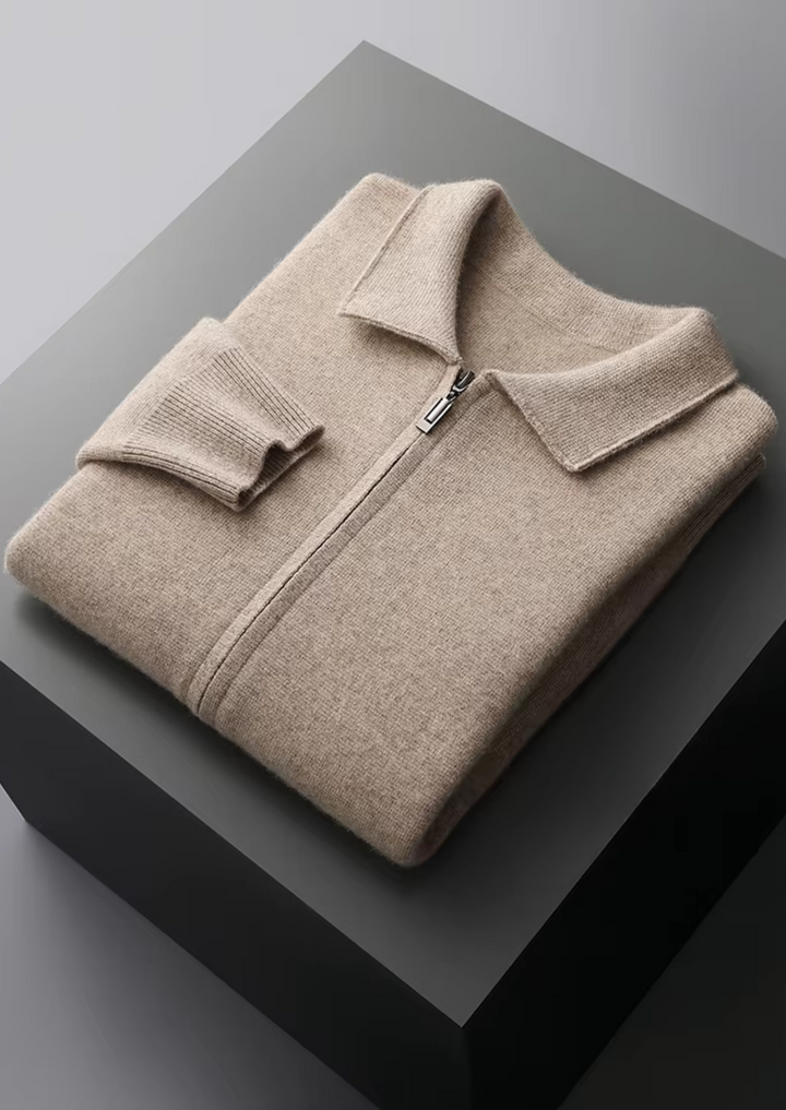 Long-sleeve collared men's zip-up cardigan. An all-season versatile layering sweater.