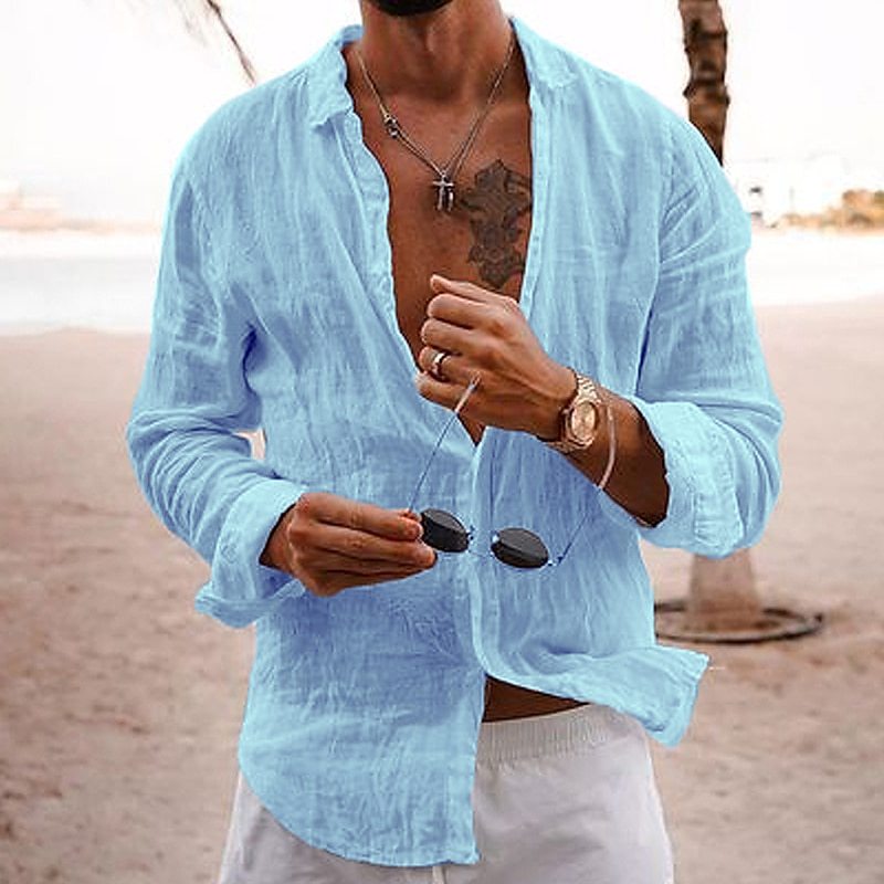 Mens breathable cotton long-sleeve summer shirt in light blue, perfect for casual wear and spring fashion.
