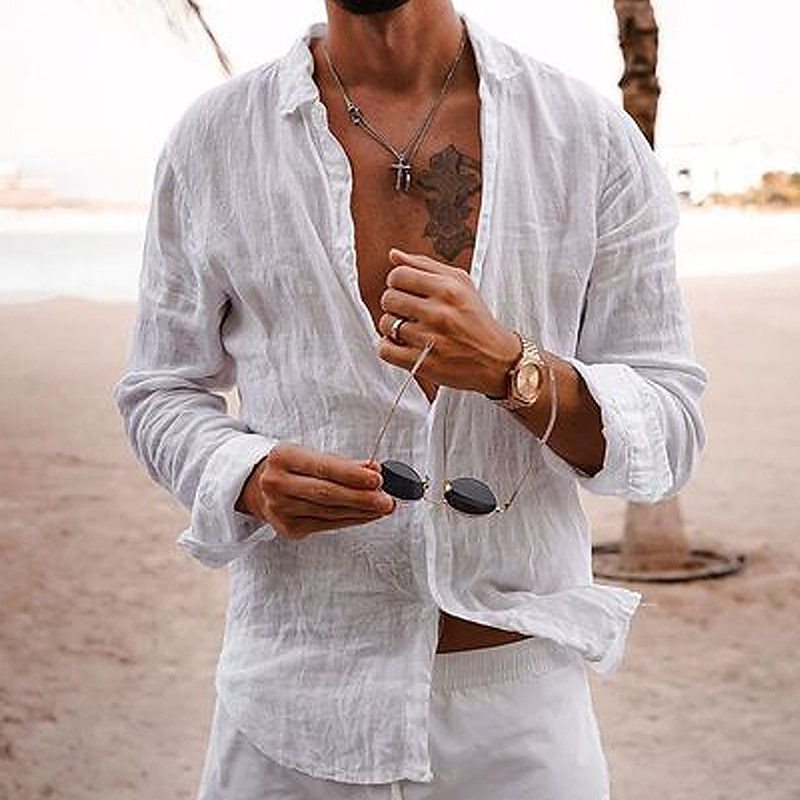 Mens long-sleeve cotton shirt in a crisp white color, ideal for summer and spring fashion.
