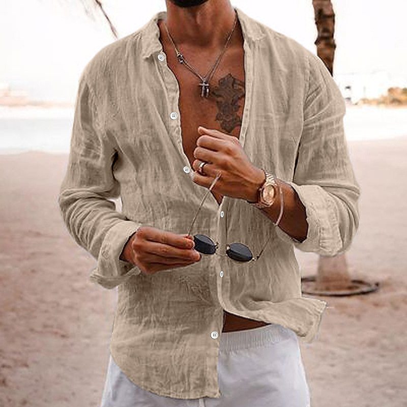Stack of mens breathable long-sleeve cotton shirts in various colors, showcasing summer and casual wear options.