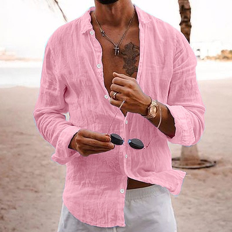 Back view of a mens cotton long-sleeve summer shirt, emphasizing its comfortable and lightweight design.