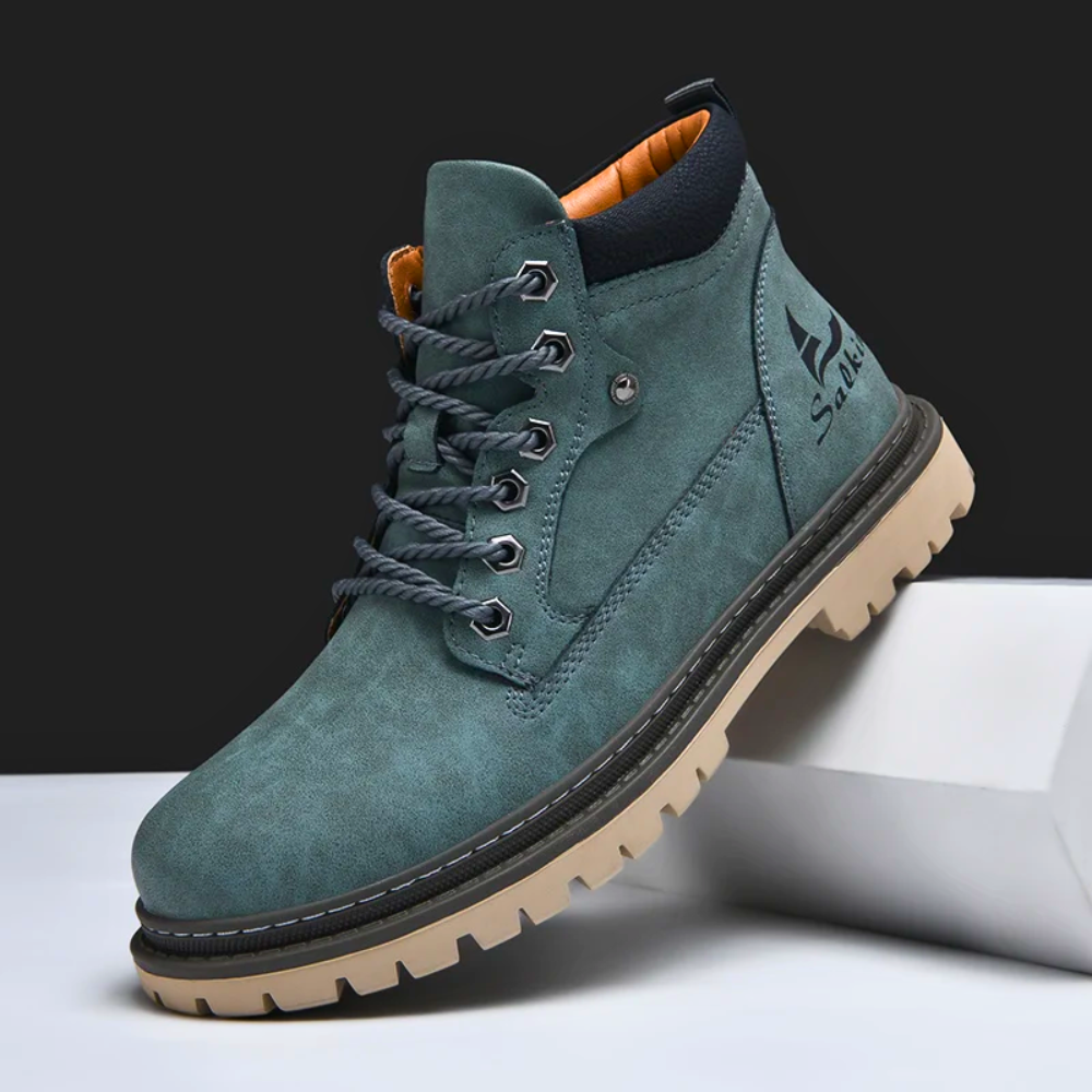 Top-down view of mens all-terrain boots, highlighting sturdy design & durable materials for outdoor use.