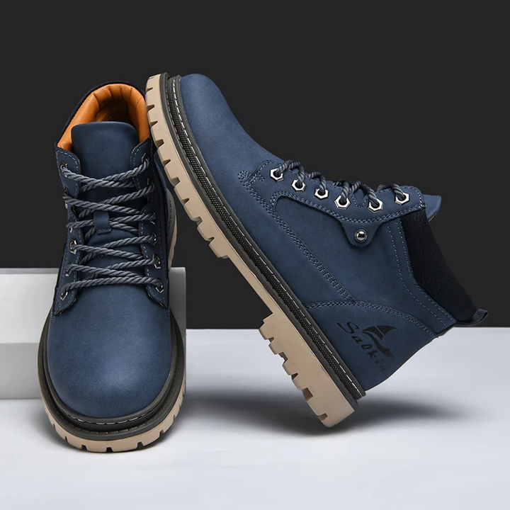 Outdoor shot of mens durable boots, ready for hiking and rugged trails. Comfortable all-terrain footwear.