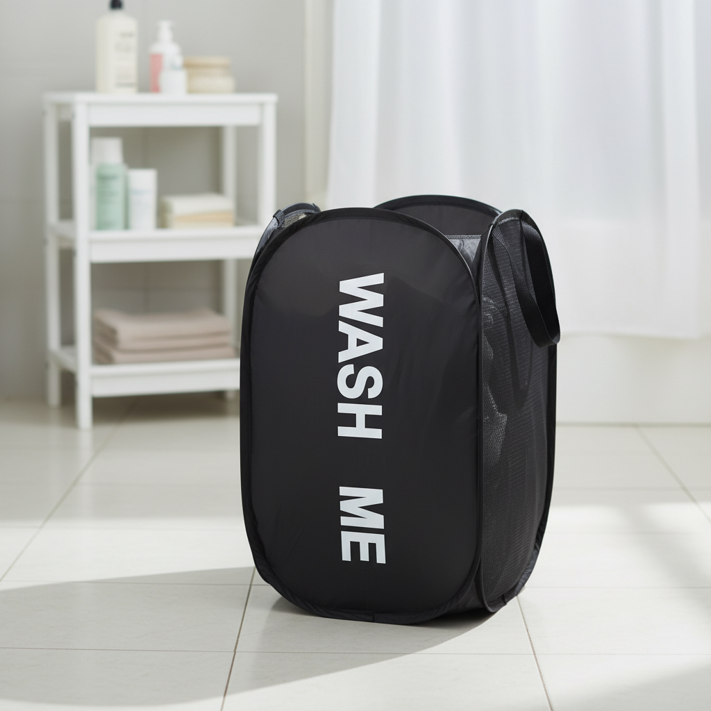 MeshCarry collapsible laundry hamper in use, holding clothes, with a clear view of its breathable mesh fabric.