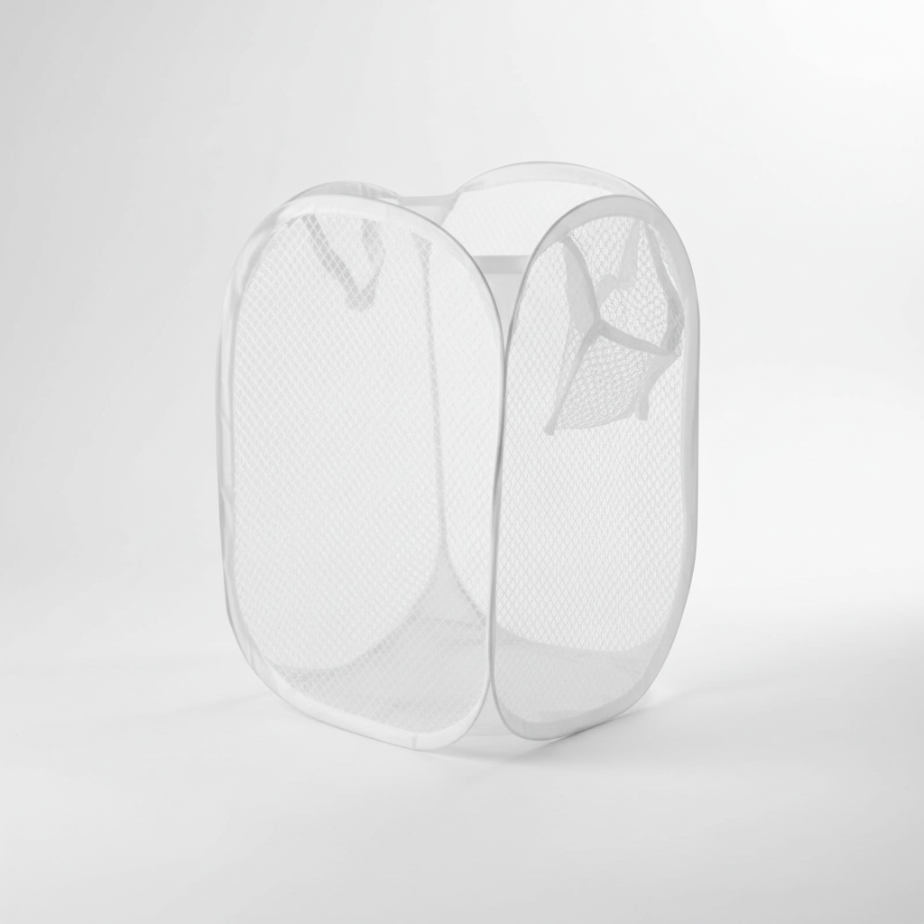 Two MeshCarry collapsible laundry hampers stacked when folded, showing efficient storage solutions.