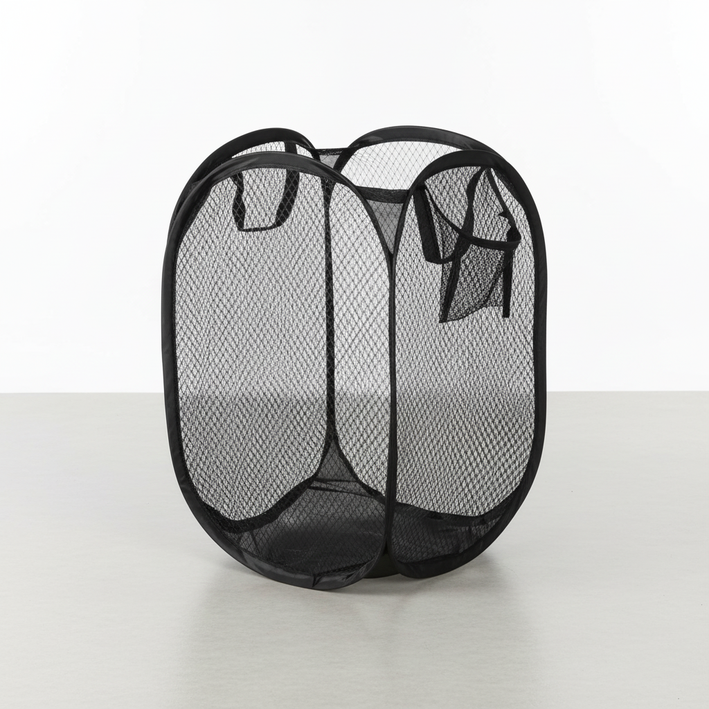 MeshCarry hamper in a bathroom, providing practical and breathable storage for towels and laundry.