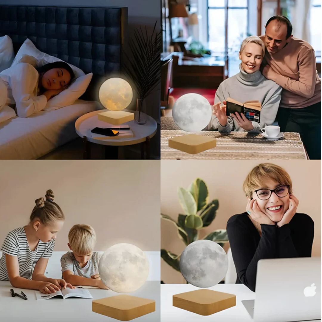 Floating moon lamp utilizing magnetic levitation, providing mesmerizing ambient LED lighting for any room.