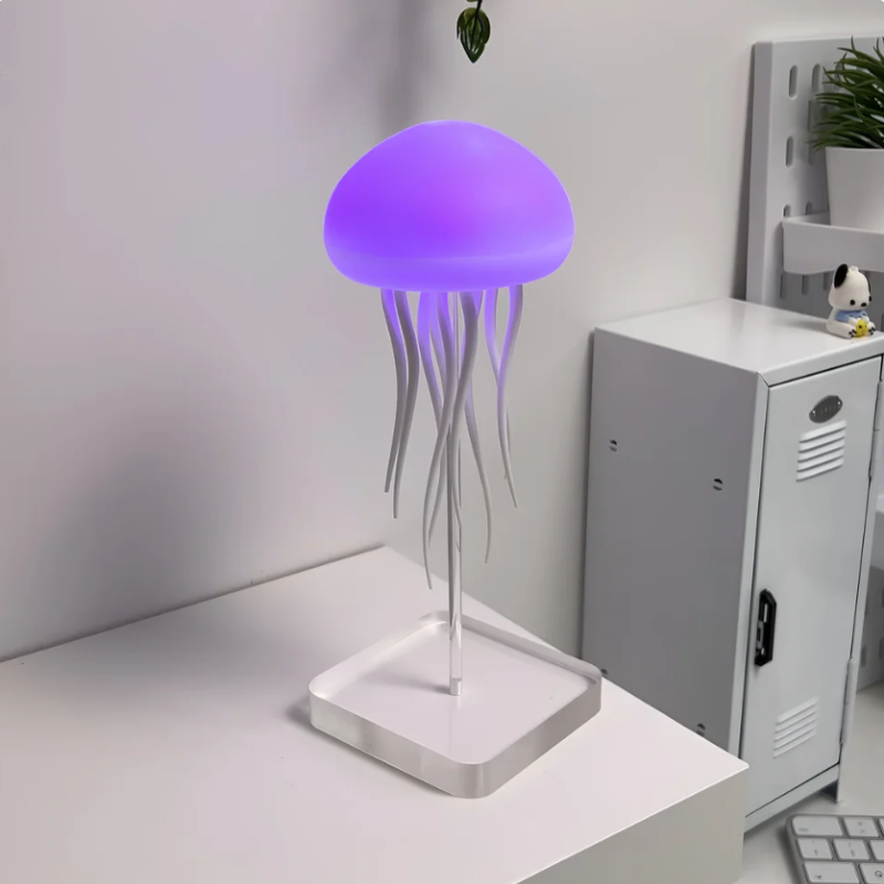 Close-up of realistic jellyfish in a LED aquarium lamp, creating a mesmerizing and tranquil atmosphere. Desktop night light.