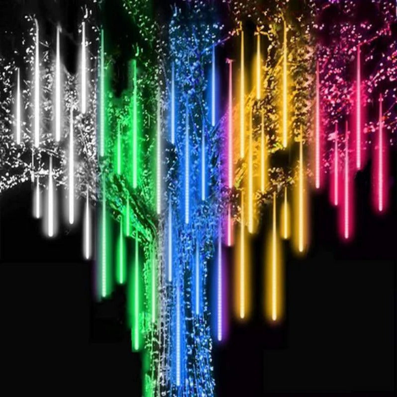 Festive outdoor Christmas decor featuring mesmerizing LED snowfall lights. Ideal for holiday parties & winter displays.