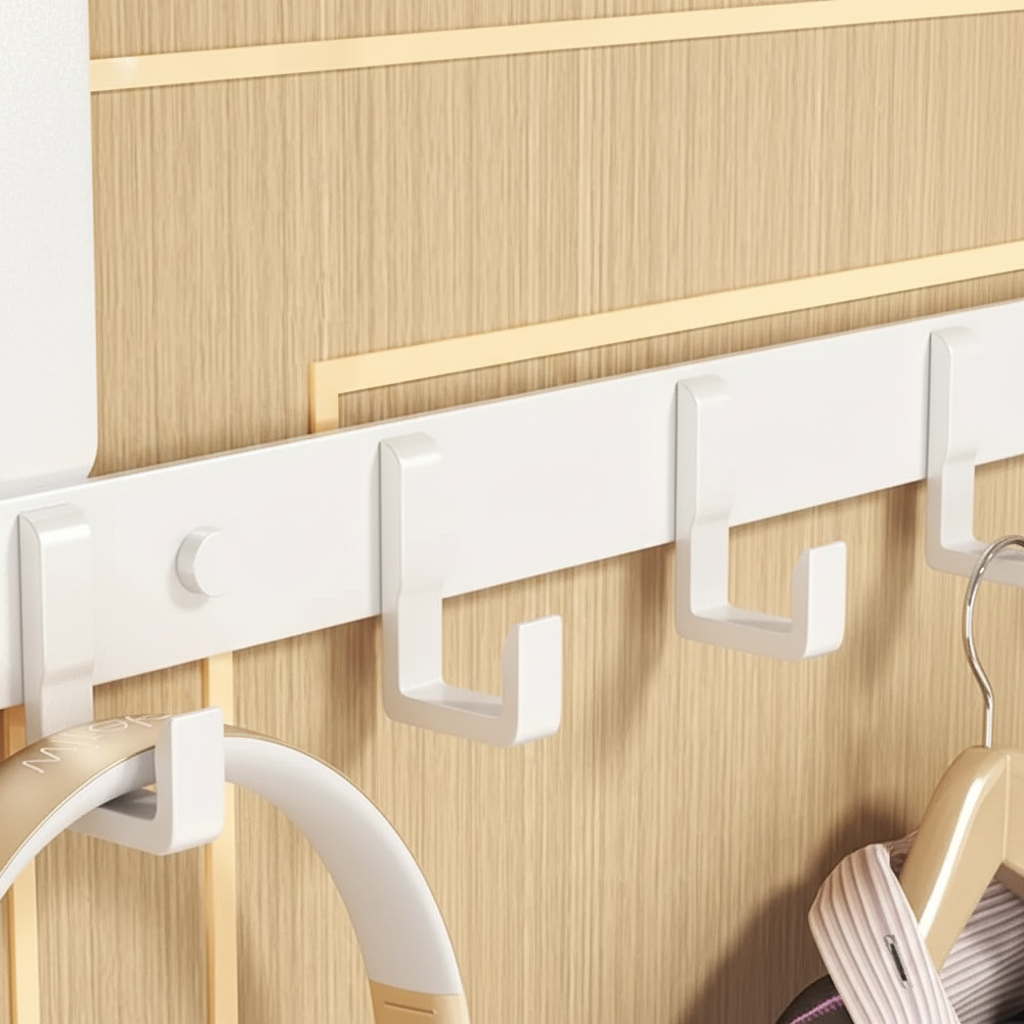 Close-up of a silver metal over-the-door hook rack, showcasing durable hooks for home organization