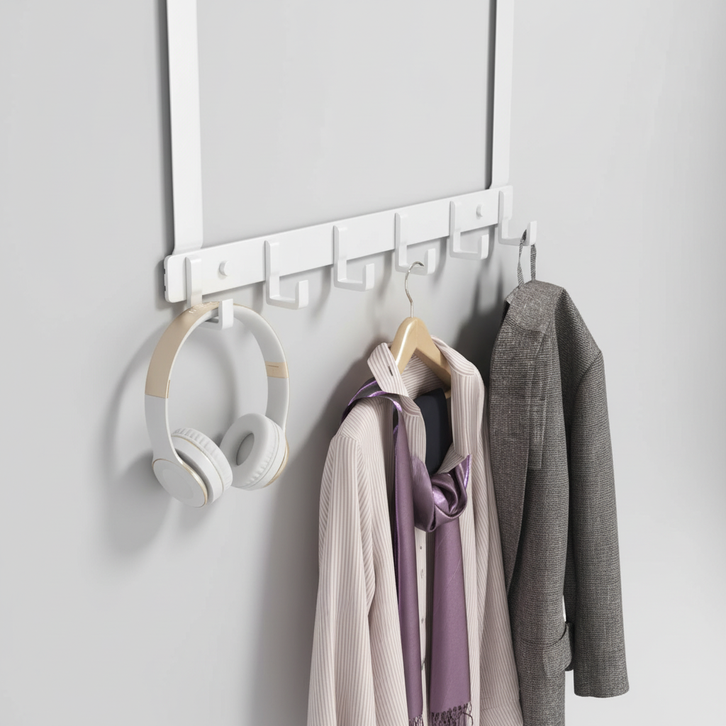 Space-saving overdoor hook rail in metal, ideal for bathroom and bedroom organization
