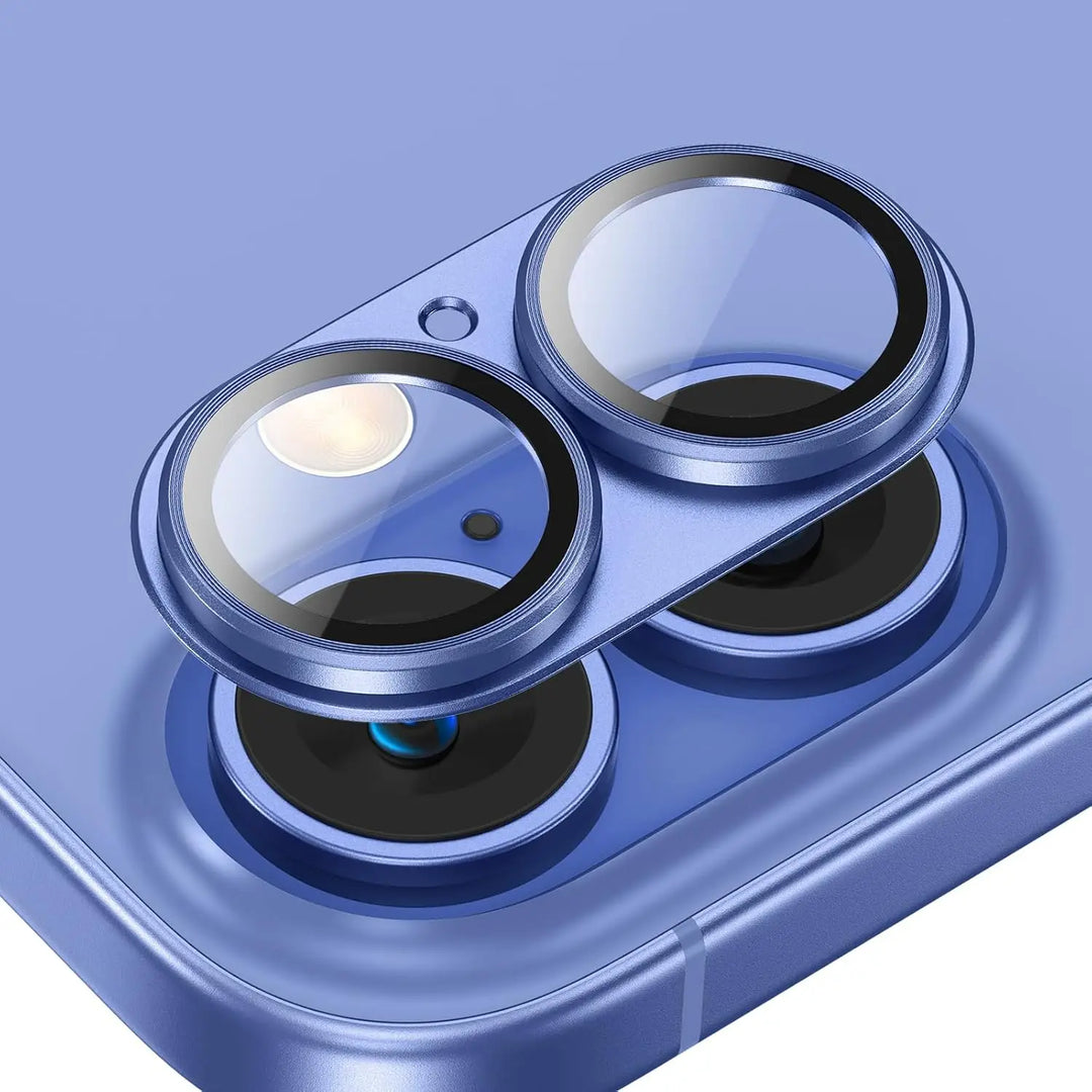 iPhone camera lens protector with a sleek metal frame and tempered glass, providing impact-resistant phone protection.