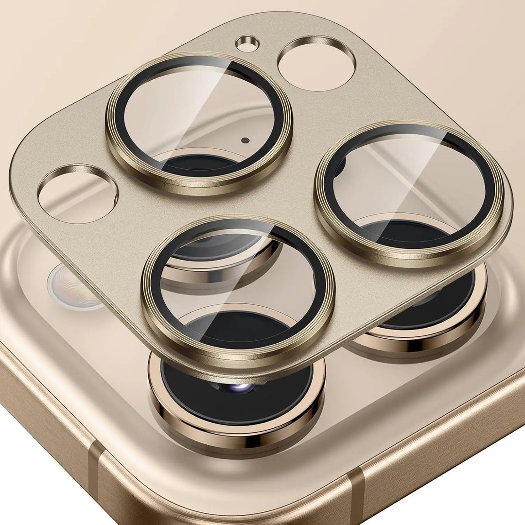 Dual pack metal camera lens covers for iPhone, featuring tempered glass for ultimate scratch and impact protection.