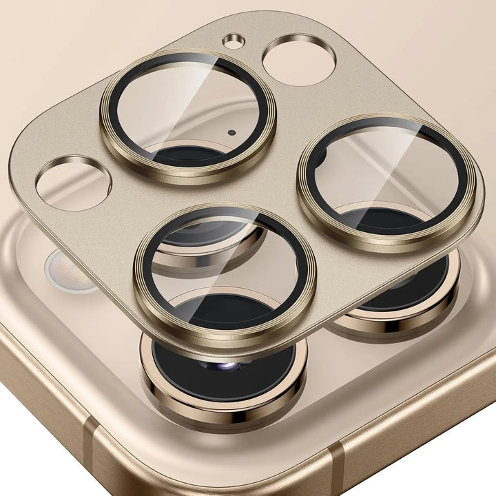 Dual pack metal camera lens covers for iPhone, featuring tempered glass for ultimate scratch and impact protection.