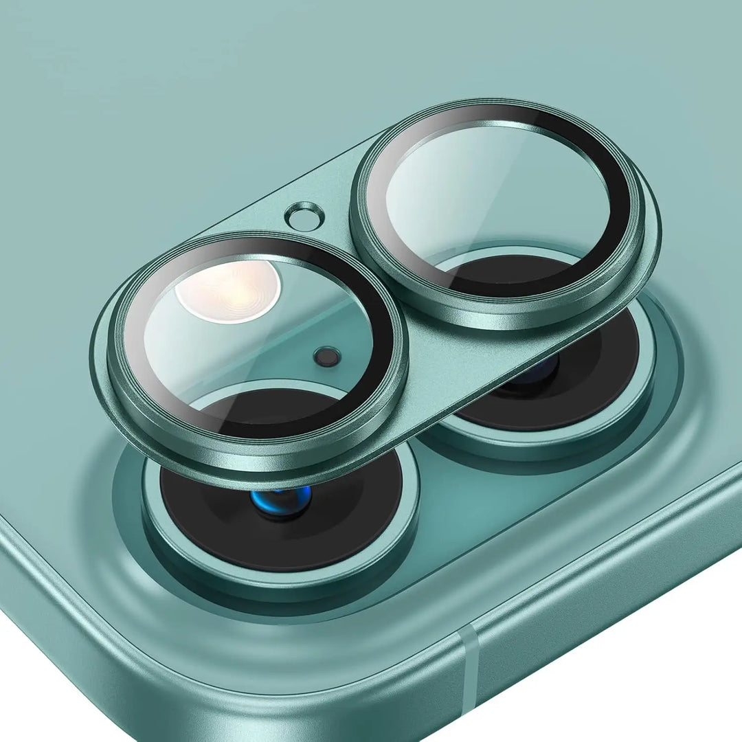 Premium metal frame camera lens protector for iPhone, includes 1+1 FREE offer for superior phone security.