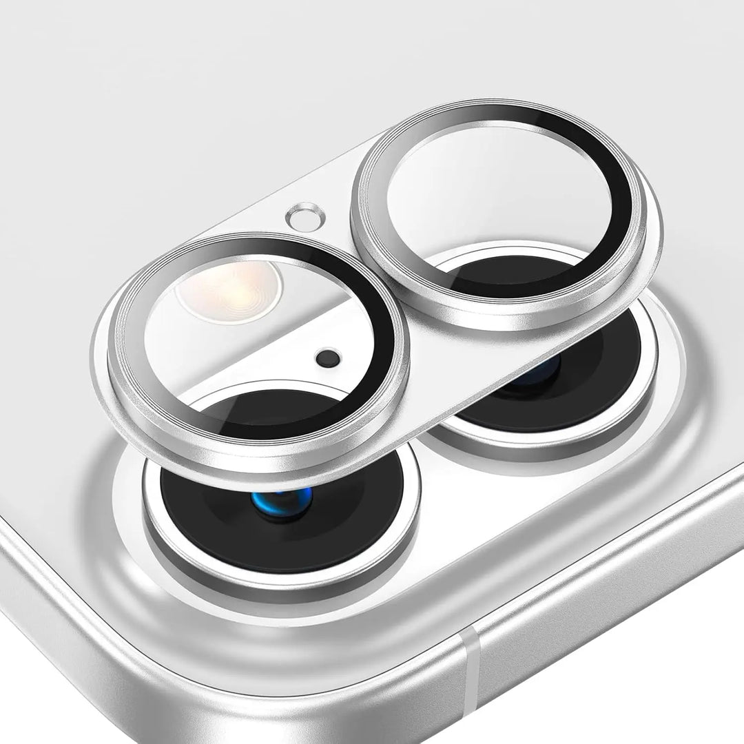 Tempered glass camera lens cover for iPhone with a durable metal frame, designed for optimal phone protection.